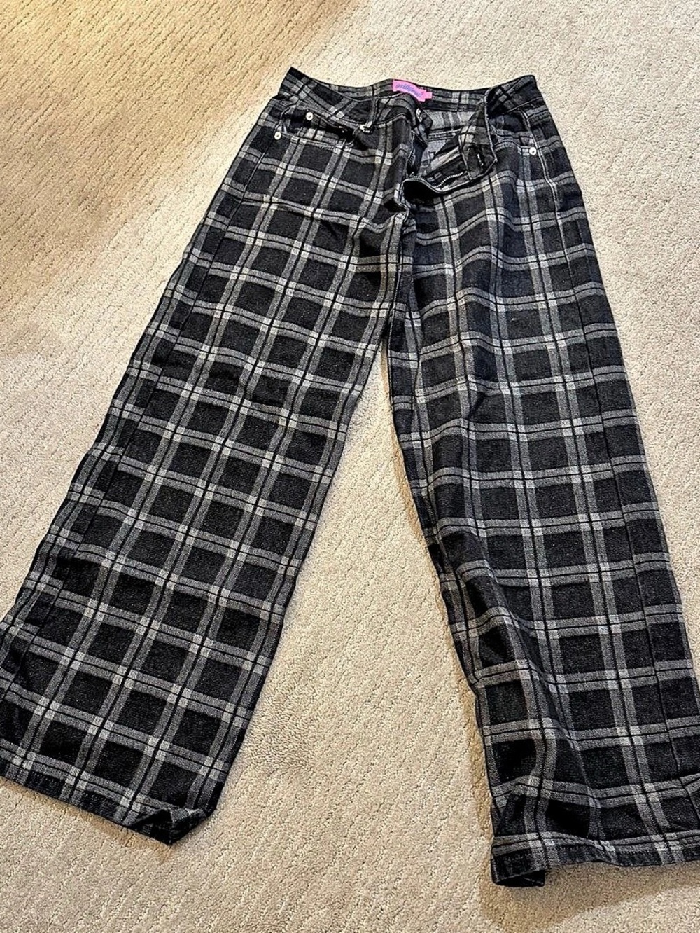 Emily Strange Women's Plaid Wide Leg Pants in Black & Gray